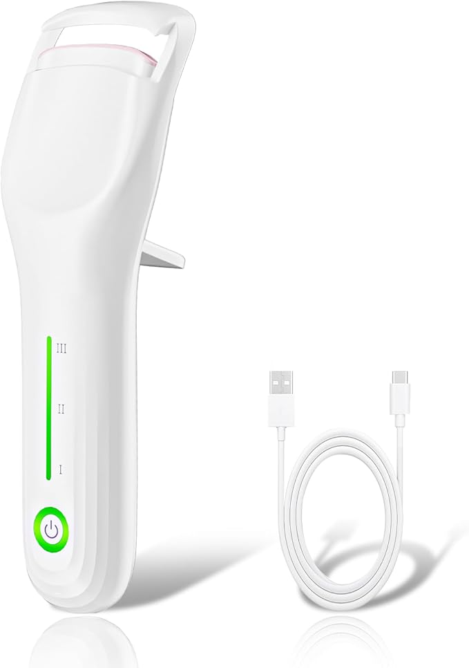 Heated Eyelash Curler for Women, Type-C Rechargeable with 3 Temp Settings & Silicone Pad for Natural C Curl, Travel-Friendly Heated Lash Curler (White)