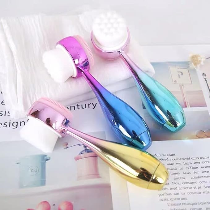 Manual Facial Cleansing Brush 2 in 1Double-Sided Facial Cleaning Brush with Soft Bristles (Electroplated Pink-Blue)
