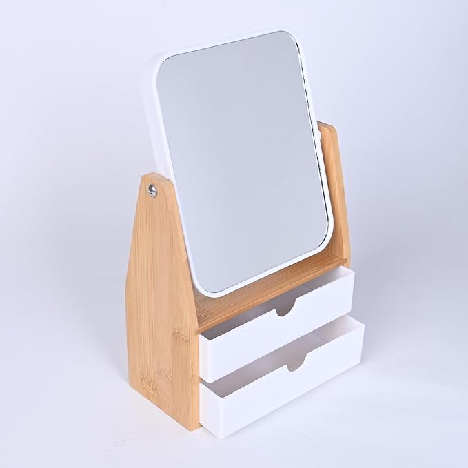 PYSYY 1x / 5X Magnifying Makeup Mirror, Jewelry and Cosmetics Storage Box with Double Drawers, Adjustable Natural Bamboo Stand, 360° rotatable Vertical Desktop Mirror (1, Rectangle)