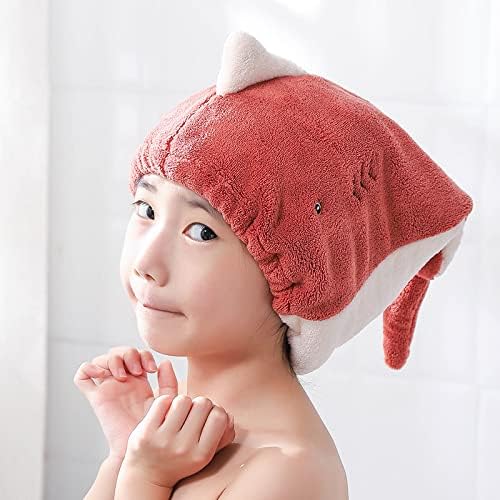 Hair Drying Towel for Kids Girls, Cute Cartoon Absorbent Quick Drying Bath Wrap Set for Bathing, Spa, Swimming Pool, Soft Microfiber Cap for Curly Long & Wet Hair, Red