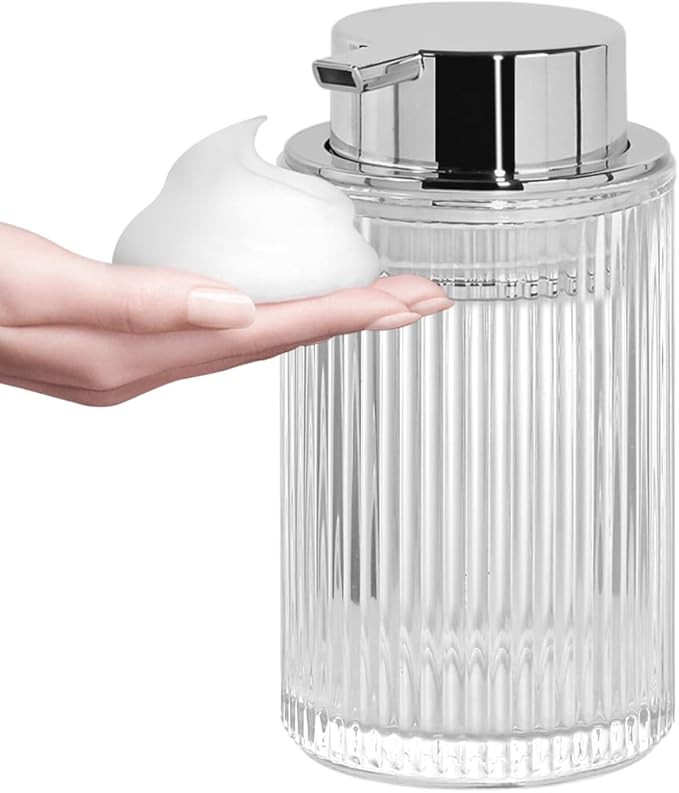 Tonxus Foaming Soap Dispenser, Clear Glass Foam Soap Dispenser, 12 Oz Refillable Glass Foam Pump Bottle Container Decorative Slim Ribbed Bottle for Bathroom and Kitchen