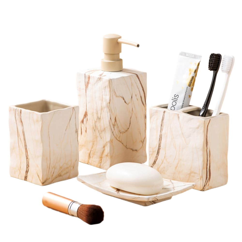 RQYIXI Bathroom Accessories Set 4 Pieces Toothbrush Holder Soap Dispenser Ceramic Bathroom Decor Set Contain Toothbrush Cup Soap Dish Tumbler Marble Brown