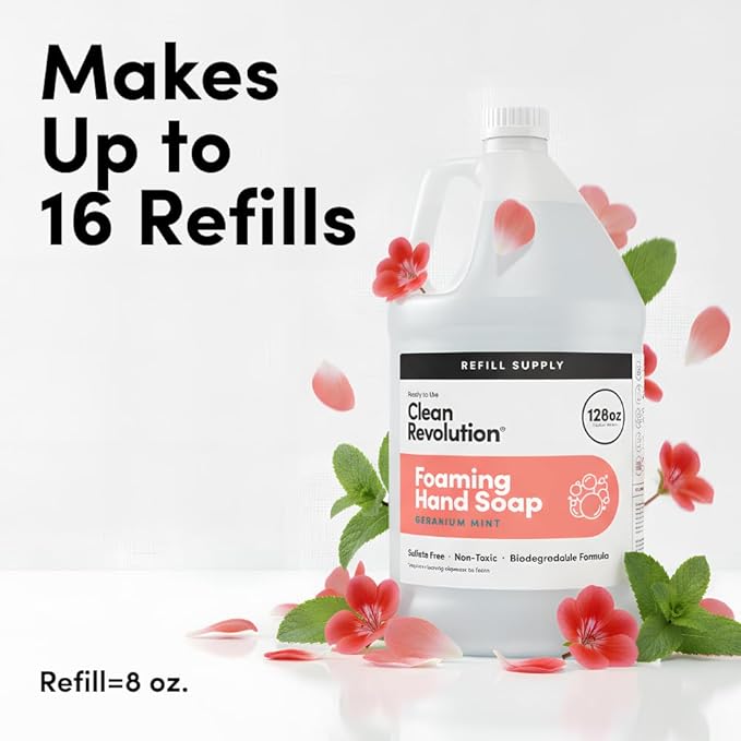 Clean Revolution Foaming Hand Soap, Gentle, Moisturizing, Ready To Use Formula, Real Essential Oils, Gluten Free, Geranium Mint, 128 Fl Oz