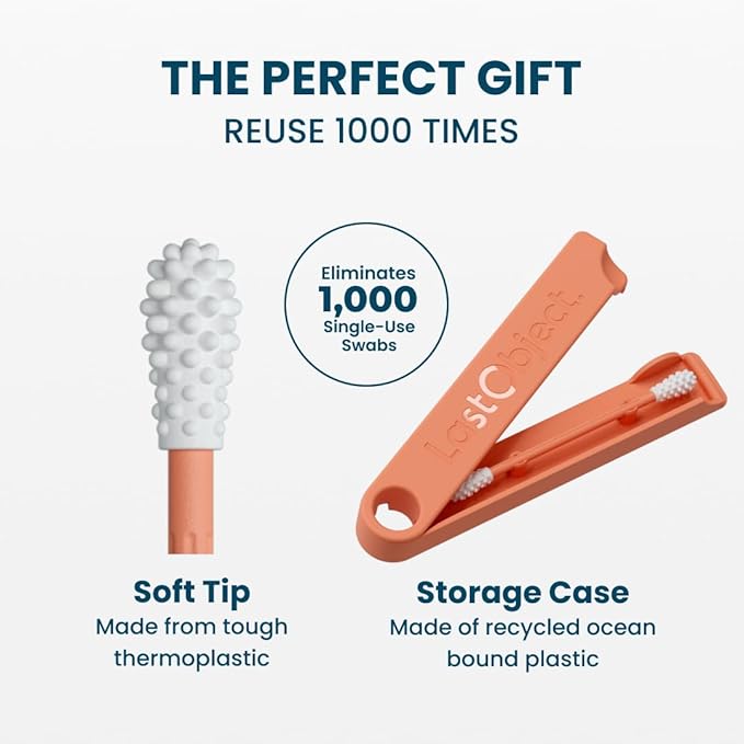 LastSwab® Reusable Cotton Swabs & Reusable Q-Tips - Washable Silicone Ear Swabs, Ear Cleaner & Wax Removal Tool - Eco-Friendly Zero Waste Single-Use Qtips Alternative - Travel Case Holder - Peach