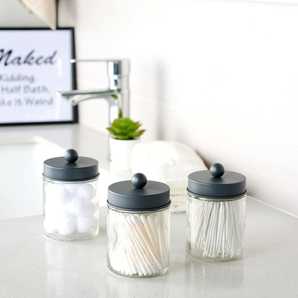 Amolliar Apothecary Jar Bathroom Storage Qtip Holder Glass, Grey 2Pack