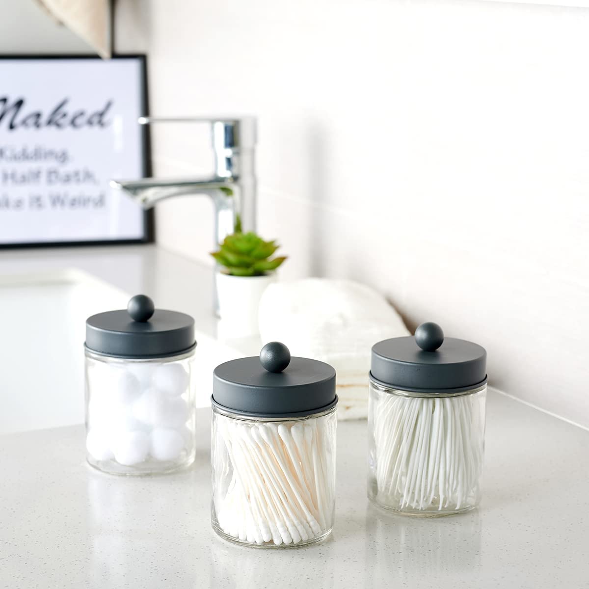 Amolliar Apothecary Jar Bathroom Storage Qtip Holder Glass, Grey 2Pack