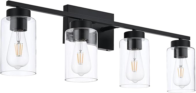 A1A9 4 Light Bathroom Vanity Light Fixtures, Matte Black Modern Wall Lights with Clear Glass Shade, Vintage Wall Sconce Lighting for Living Room, Mirror, Bedroom, Hallway (Black, 4-Lights)