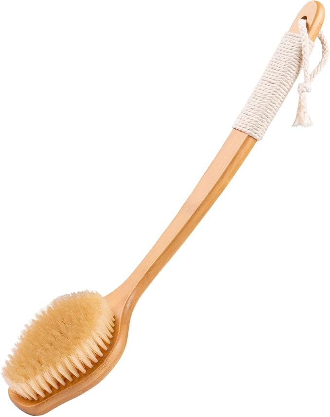 Back Scrubber for Shower，17in Bamboo with Curved Long Handle - Stiff Natural Boar Bristles for Men and Women, Deep Cleansing and Exfoliating, Anti-Slip Grip for Wet or Dry Brushing