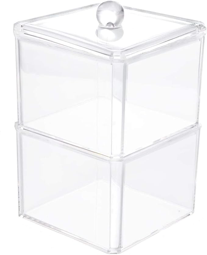 KW Collection Square Acrylic Cotton Ball Pads Gauze Swab Holder Organizer Q-tip Dispenser Storage Canister Bathroom Container Flossers Box Case (3.5 x 3.5 x 5.3 inches, Two Tiers, Transparent)