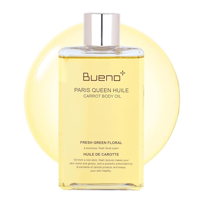 Bueno+ Paris Queen Huile Carrot Body Oil | Fast-Absorbing Non-Greasy Glow Formula | Brightens & Hydrates with Carrot Extract & Beta-Carotene | Fresh Green Floral Scent | All Skin Types | 6.7 Fl Oz