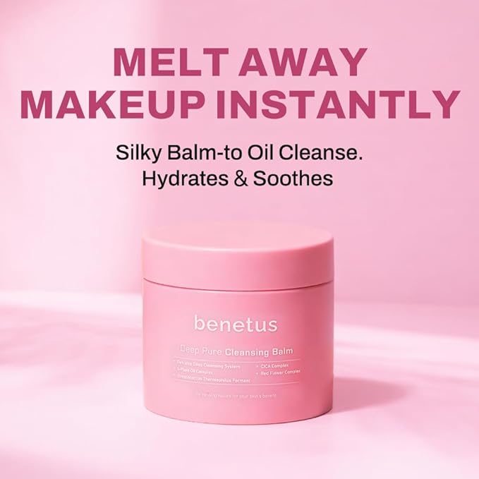 benetus Deep Pure Cleansing Balm, Makeup Remover Balm, Melting Balm for Waterproof Mascara, Sunscreen & Long-Wear Makeup, CICA, Green Tea, Argan Oil & Vitamin E, Non-Stripping, Pore Care, 3.5 fl oz