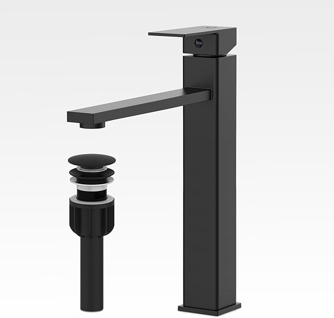 Bathroom Faucets, Matte Black Bathroom Faucet with Pop-up Drain and 2 Supply Hoses, Single Hole High Barrel Vanity Faucet for Vessel Sink, Single Handle Stainless Steel RV Faucet