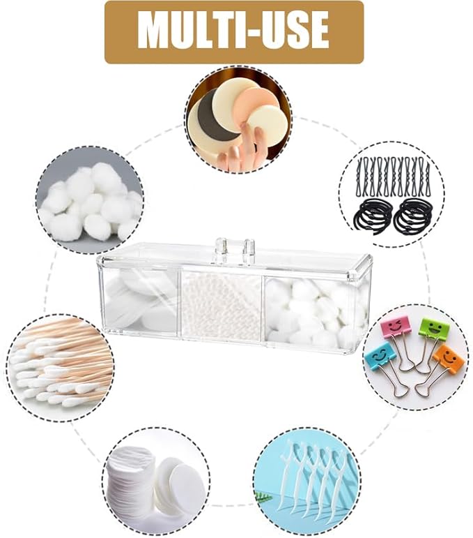 Qtip Holder Dispenser for Cotton Balls, Swabs, Pads, Floss Picks, 3 Compartments Clear Acrylic Container Box with Lid for Bathroom Canister Storage Organization, Vanity Makeup Organizer (#A)