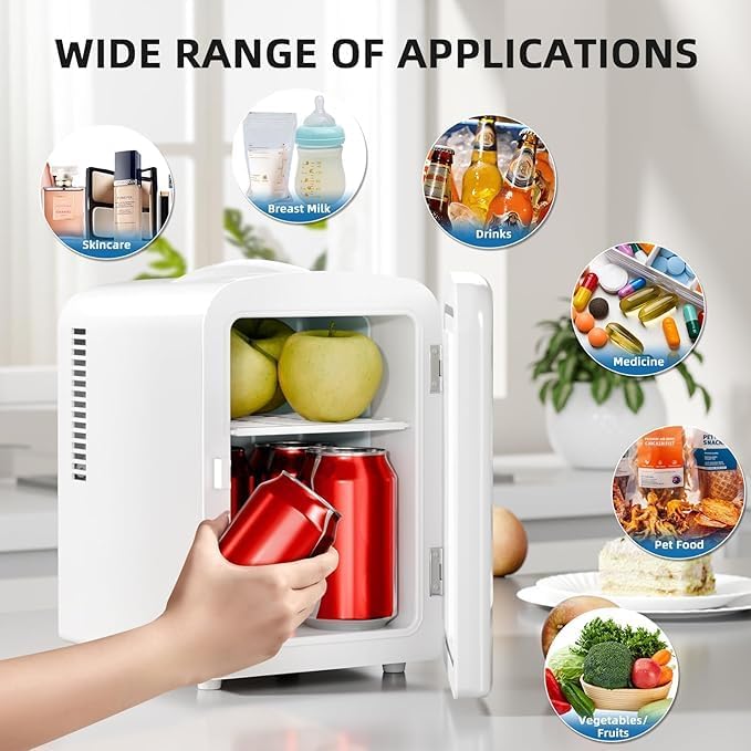 Electactic Compact Refrigerator, Portable Mini Fridge, Skin Care 4L/6 Cans, for Bedroom, Car, Office & Dorm, Small Cooler for Cosmetics, Beverage and Food, White