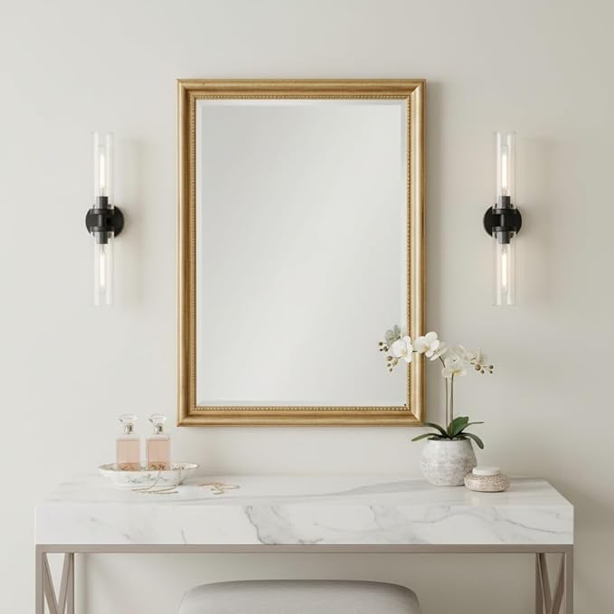 Wall Sconces Set of 2, Hardwired Bathroom Light Fixtures, Modern Bathroom Vanity Wall Lighting with Clear Glass Shade, Farmhouse Wall Sconce for Mirror Bedroom Hallway, Matte Black, E26 Base