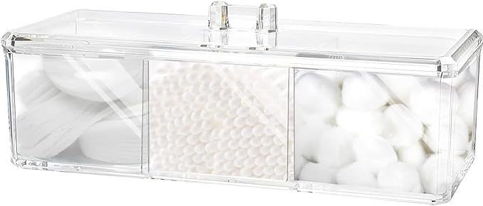 Qtip Holder Dispenser for Cotton Balls, Swabs, Pads, Floss Picks, 3 Compartments Clear Acrylic Container Box with Lid for Bathroom Canister Storage Organization, Vanity Makeup Organizer (#A)