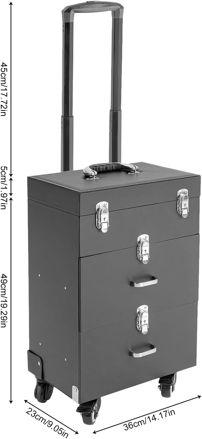 SuiYuLn 44.09lbs Lockable Makeup Train Case,Rolling Hairdressing Trolley,Beauty Salon Cosmetic Luggage with Universal Wheels for Hair Stylist,Make-up Artists (Black 6)