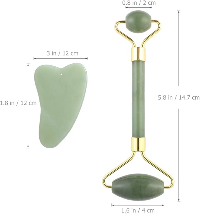 rosenice Jade Stone Gua Sha Facial Massage Tool Set Face Massager Roller and Scraping Plate for Neck Face and Daily Skin Care Routine Green Set 5.90 X 1.96 X 1.18 in