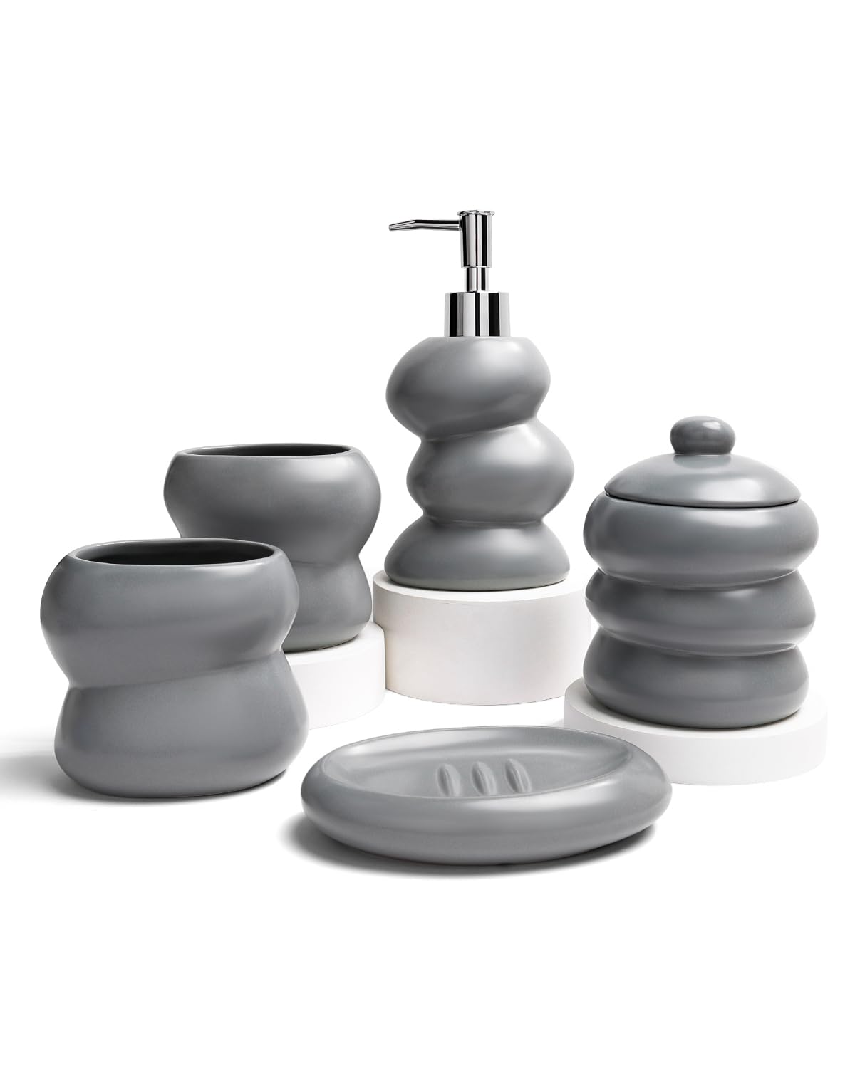 Bathroom Accessory Set 5PCS, Ceramic Bathroom Accessories Set, Irregular Shape Small Bathroom Sets Accessories Complete, Home Apartment Minimalist Decor Vanity Countertop, ANTIS'S HOME (Grey)