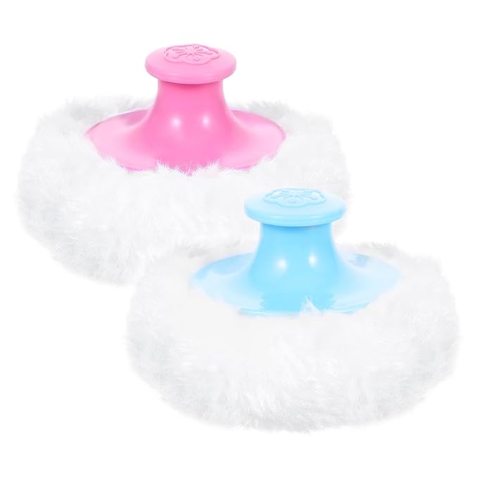 WLLHYF 2 Pcs Large Fluffy Puff Body Cosmetic Face Loose Powder Applicator Handle Foundation Puff Pad Washable Beauty Application Tool for Women Sensitive Skin (Pink+Blue)