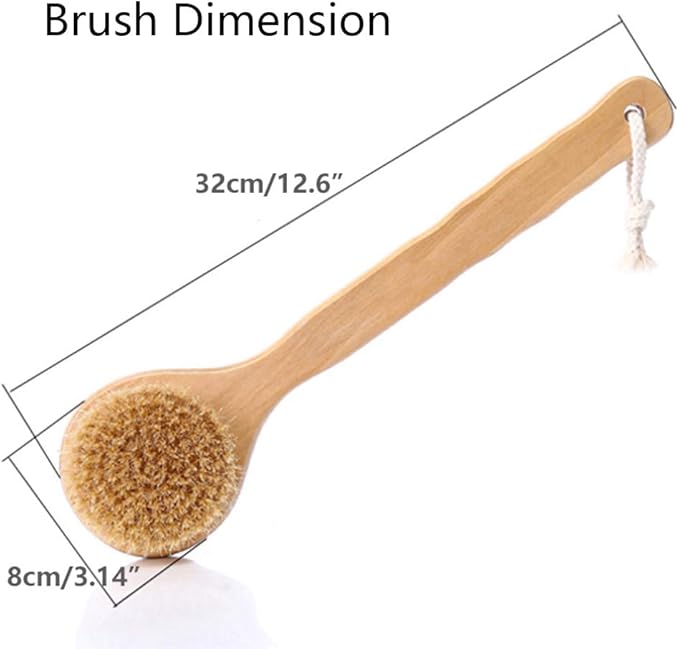 HiKin Dry Bath Body Brush 12.6", Long Handle Natural Bristles Shower Brush Back Scrubber with Anti-Slip Wooden Handle, Good for Exfoliating, Blood Circulation, Detox and Cellulite, etc.