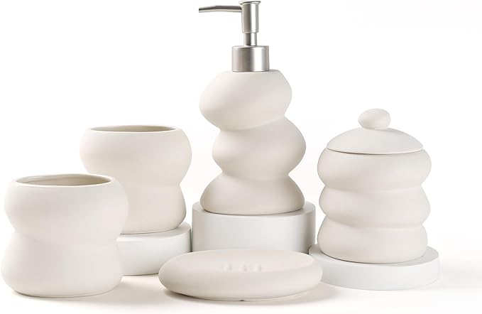 Bathroom Accessory Set 5PCS, Ceramic Bathroom Accessories Set, Irregular Shape Small Bathroom Sets Accessories Complete, Home Apartment Minimalist Decor Vanity Countertop, Beige, ANTIS'S HOME
