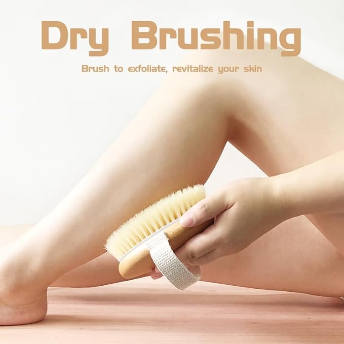 Bamboo Dry Body Brush Back Scrubber for Shower Handheld Bath Massage Brushes with Silicone Nodes Natural Bristle Brushing Exfoliator