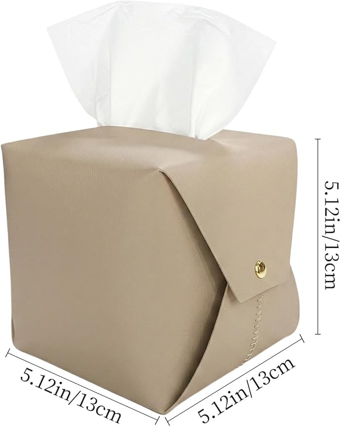 Frayot Tissue Box Cover Square, Faux Leather Tissue Holder Organizer with Side Snap for Bathroom, Vanity, Tabletop, Office (1Pack-Light Taupe)