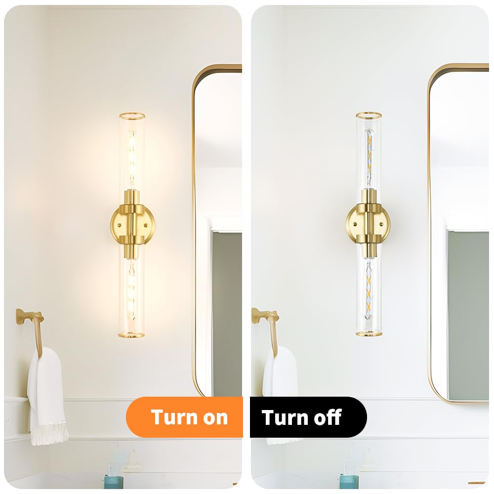 OIYIO Antique Gold Wall Sconces Set of 2, Modern Bathroom Vanity Lights for Mirror, Hardwired Glass Wall Light Fixtures with E26 Base (Bulbs Required) for Bathroom, Bedroom, Hallway, 22.05 Inch