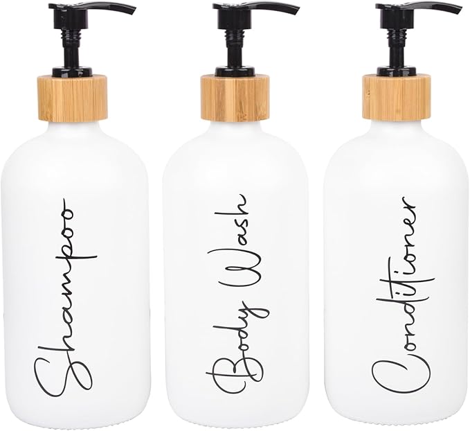 Glass Shampoo and Conditioner Pump Bottles Soap Dispenser Bamboo Pump Head Empty Glass Refillable Shampoo Conditioner Body Wash Soap Bottles for Bathroom, 17 oz, 3 Pack, White