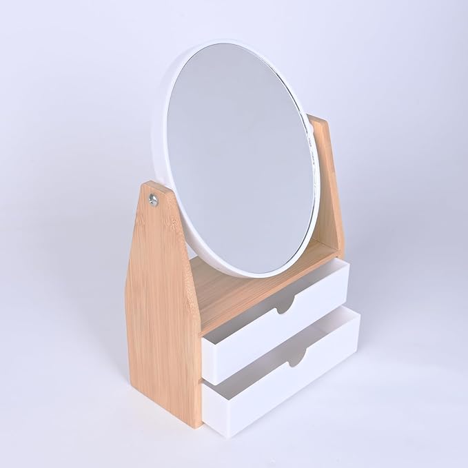 PYSYY 1x / 5X Magnifying Makeup Mirror, Jewelry and Cosmetics Storage Box with Double Drawers, Adjustable Natural Bamboo Stand, 360° rotatable Vertical Desktop Mirror (1, Oval)