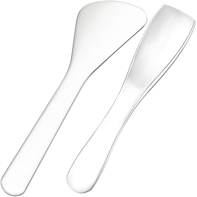 Pndeyo 2pcs Mini Metal Makeup Spatula, Reusable Cosmetic Cream Spatulas Spoon, Skincare Scoop Applicator Facial Massage Beauty Tools for Mixing and Sampling Face Eye Cream- Silver