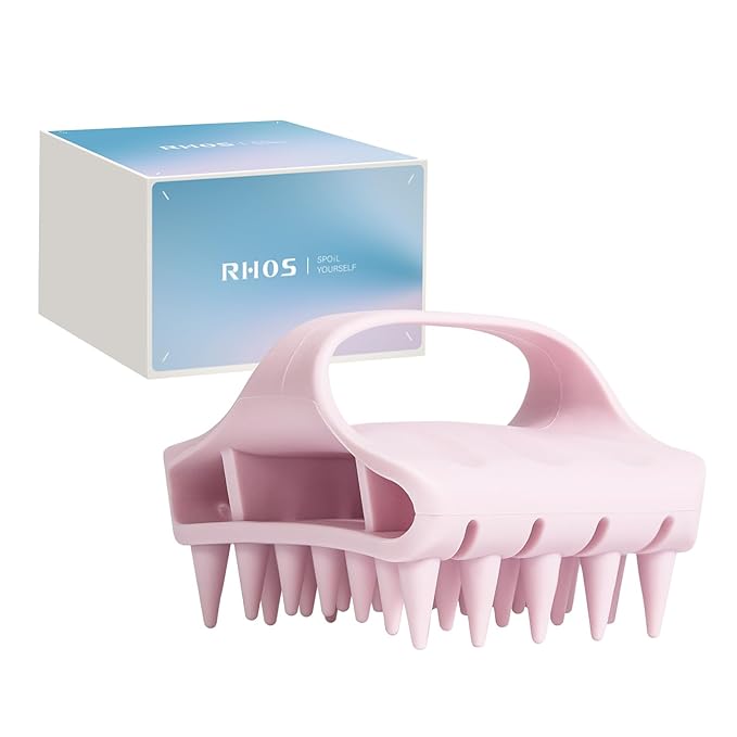RHOS Shampoo Brush, Soft Silicone Scalp Scrubber, Scalp Massager for Wet & Dry Hair, Curved Vented Hair Scrubber for Dandruff Removal (Pink)
