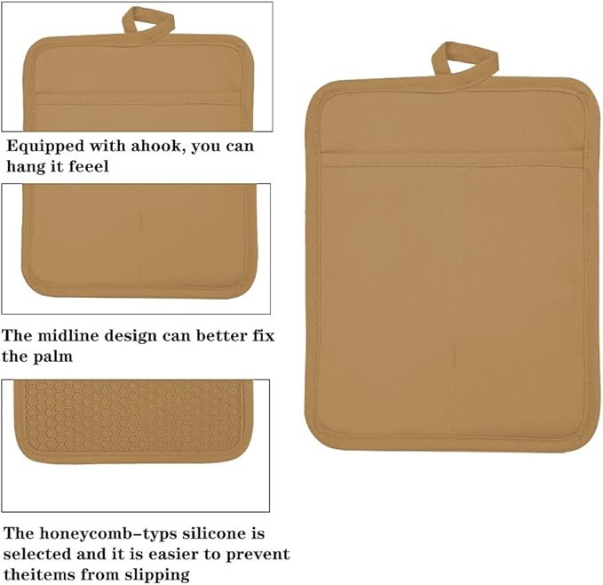 VEIKERY Oven Pot Holder with Pocket Cotton Heat Resistant Coaster Potholder Kitchen Hot Pad Oven Mitts for Cooking and Baking Square 7"x9" (Khaki, Silicone)
