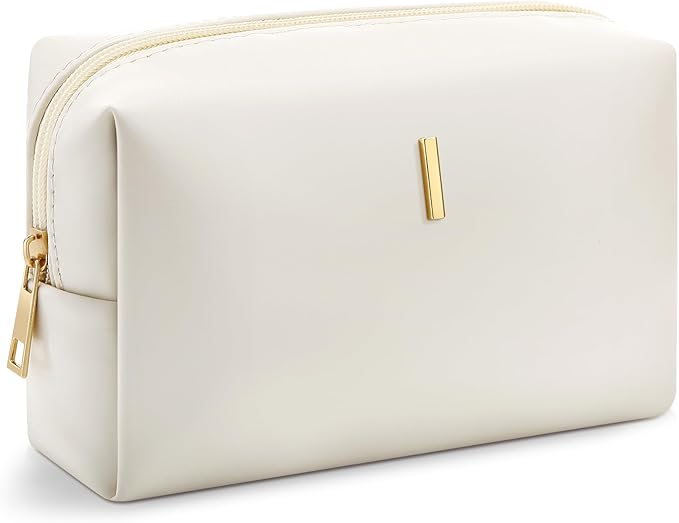 Kigeli Gifts for Women Teen Girls Gifts for Bridesmaid Mom Teachers Graduation Birthday Wedding Personalized Initial Makeup Bag Beige PU Leather Monogram Cosmetic Waterproof Travel Toiletry Bag(I)