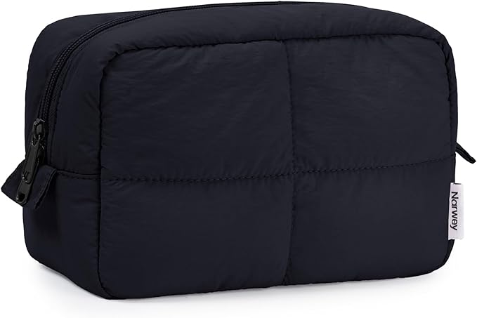 Narwey Travel Makeup Bag for Women Girl, Quilted Cosmetic Bag Make Up Organizer Bags, Puffer Travel Toiletry Bag for Toiletries (Black)