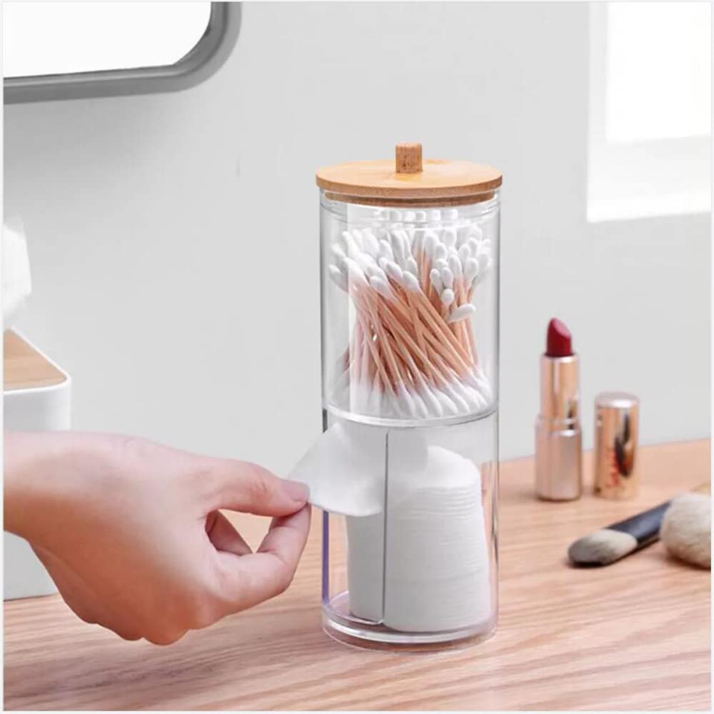 WJASI Qtip Holder Dispenser with Cotton Pads Jar Set Bamboo Lid Stackable Bathroom Counter Acrylic Organizer to Storage Cotton Ball Cotton Swab and Bath Salts