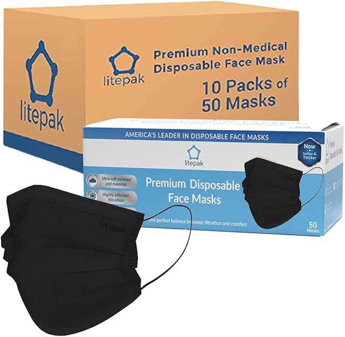 Litepak 500pcs Premium Disposable Face Mask SOFT 3ply Nose Wire - Black