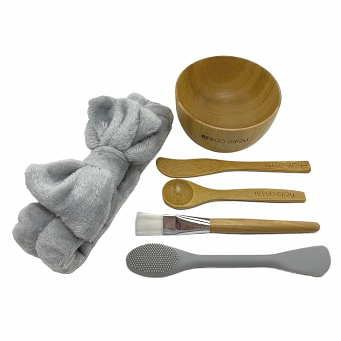 BEECO GIF2U Skincare Face Mask Mixing Bowl Set 6 Pack,Makeup Skin Care Products for Clay Mask,Home DIY Beauty & Personal Care Tools Kit Bamboo Bowl,Spatula,Spoon,Brush,Silicone Applicator,Headband
