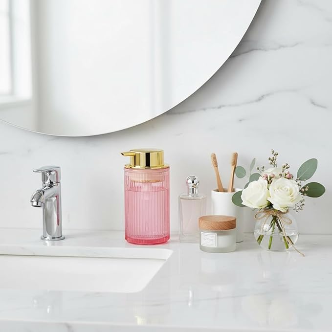 Tonxus Foaming Soap Dispenser, 12 Oz Pink Glass Soap Dispenser, 2pcs Refillable Liquid Lotion Container Foam Pump Bottle Decorative Modern Slim Ribbed Bottle for Bathroom and Kitchen