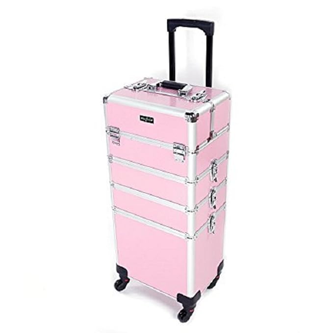 mefeir 4 in 1 Rolling Makeup Train Case, Aluminum Makeup Travel Organizer Cosmetic Case, Cosmetology Display Suitcase on Wheels, Beauty Storage Luggage Lockable w/4 Removable Wheels (Black)