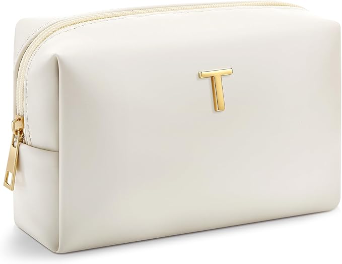 Kigeli Gifts for Women Teen Girls Gifts for Bridesmaid Mom Teachers Graduation Birthday Wedding Personalized Initial Makeup Bag Beige PU Leather Monogram Cosmetic Waterproof Travel Toiletry Bag(T)