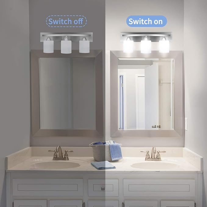 PARTPHONER - Bathroom Vanity Light Fixture - Over Mirror - Modern Glass Shade - Brushed Nickel, E26 Base, 3-Light