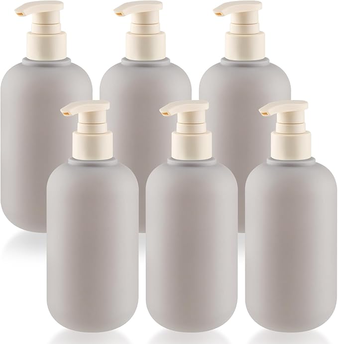 DMuuuDM 6 Pcs 10 oz Soft Plastic Bottles with Press Pump,Empty Refillable Travel Shampoo Dispenser Container for Hand Soap,Shampoo,Lotion,Body Wash,Conditioner,Silicone Funnel Included (Grey)