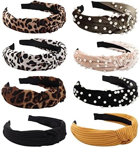 DRESHOW 8 Pack Fashion Knotted Headbands Vintage Velvet Leopard Print Pearl Headbands Hair Hoop Wide Turban Hairbands Accessories for Women Girls