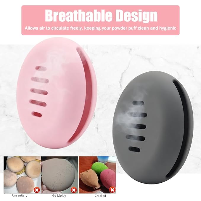 Ouliget Portable Powder Puff Case,Breathable Round Makeup Puff Protective Container,Silicone Make-up Storage Box Travel Quick Drying Easy to Carry,4 Pieces,Pink+Grey