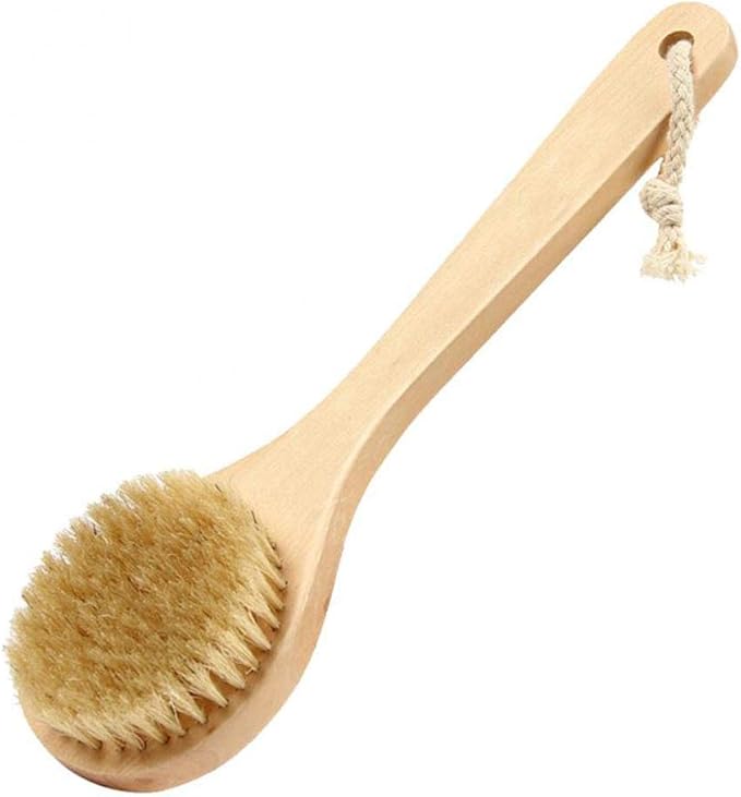 HiKin Dry Bath Body Brush Back Scrubber 9.84", Short Handle Natural Bristles Bath & Shower Brush with Anti-Slip Wooden Handle, Perfect for Exfoliating/Blood Circulation/Detox and Cellulite, etc.