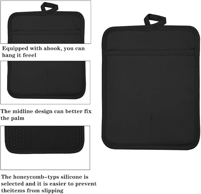 VEIKERY Oven Pot Holder with Pocket Cotton Heat Resistant Coaster Potholder Kitchen Hot Pad Oven Mitts for Cooking and Baking Square 7"x9" (Black, Silicone)
