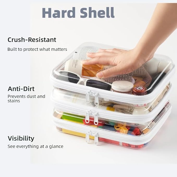 WELPIRT 3-Pack Medium Clear Hard Shell Zipper Pouches, Clear Zipper Bags, Hard Case Pouches for Purse & Diaper Bag Organizer,and Travel Essentials（3M）