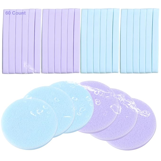 Tegelrying Facial Sponge Compressed,60 Pcs PVA Professional Makeup Removal Wash Round Face Sponges Spa Pads Exfoliating Cleansing for Women,Blue,Purple